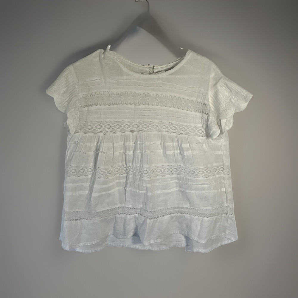 Sundance Boho White Frilly Semi Sheer Top Tiered Layered Short Sleeves PXS